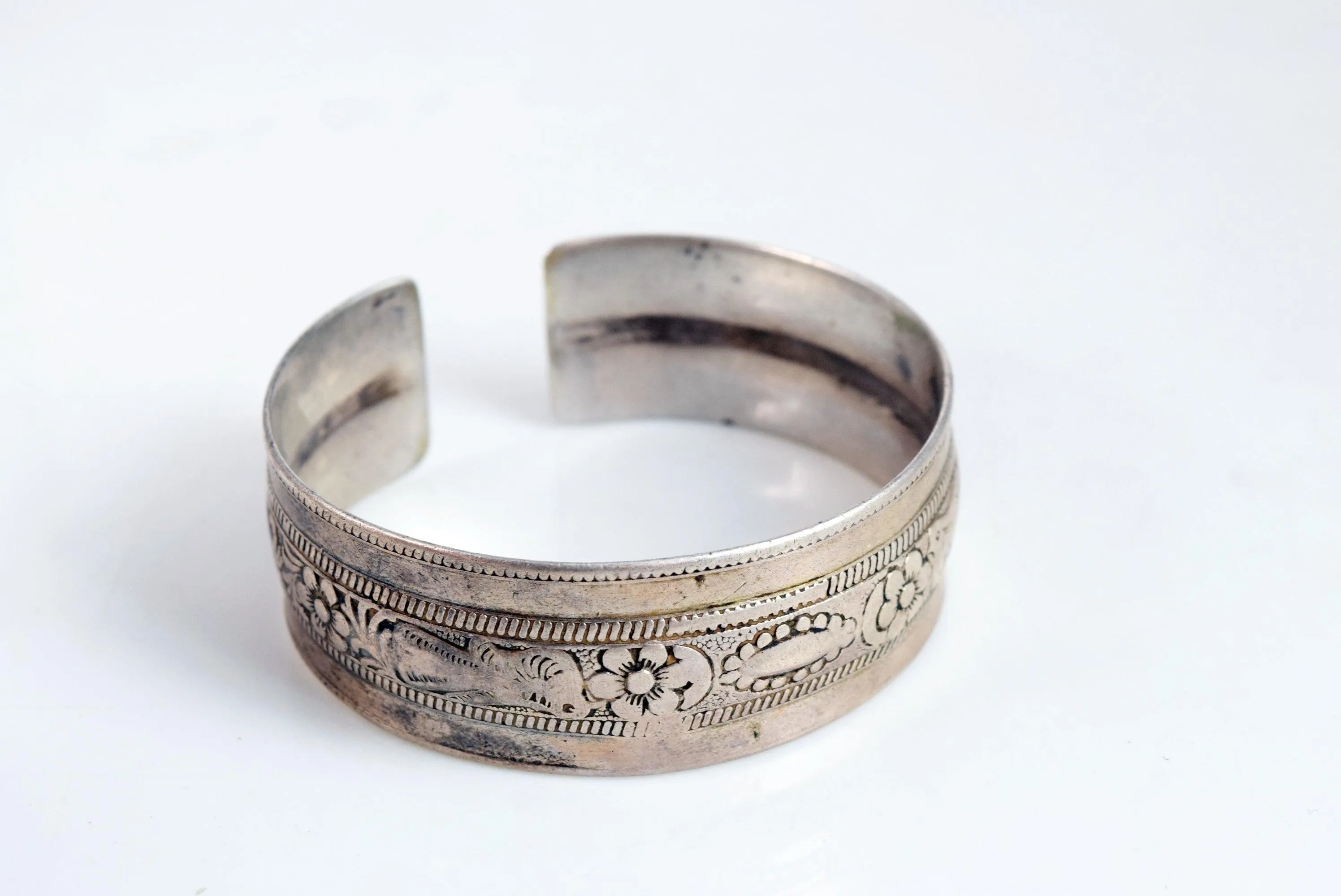 Vintage Berber Silver Cuff Bracelet with Bird and Fish Motif