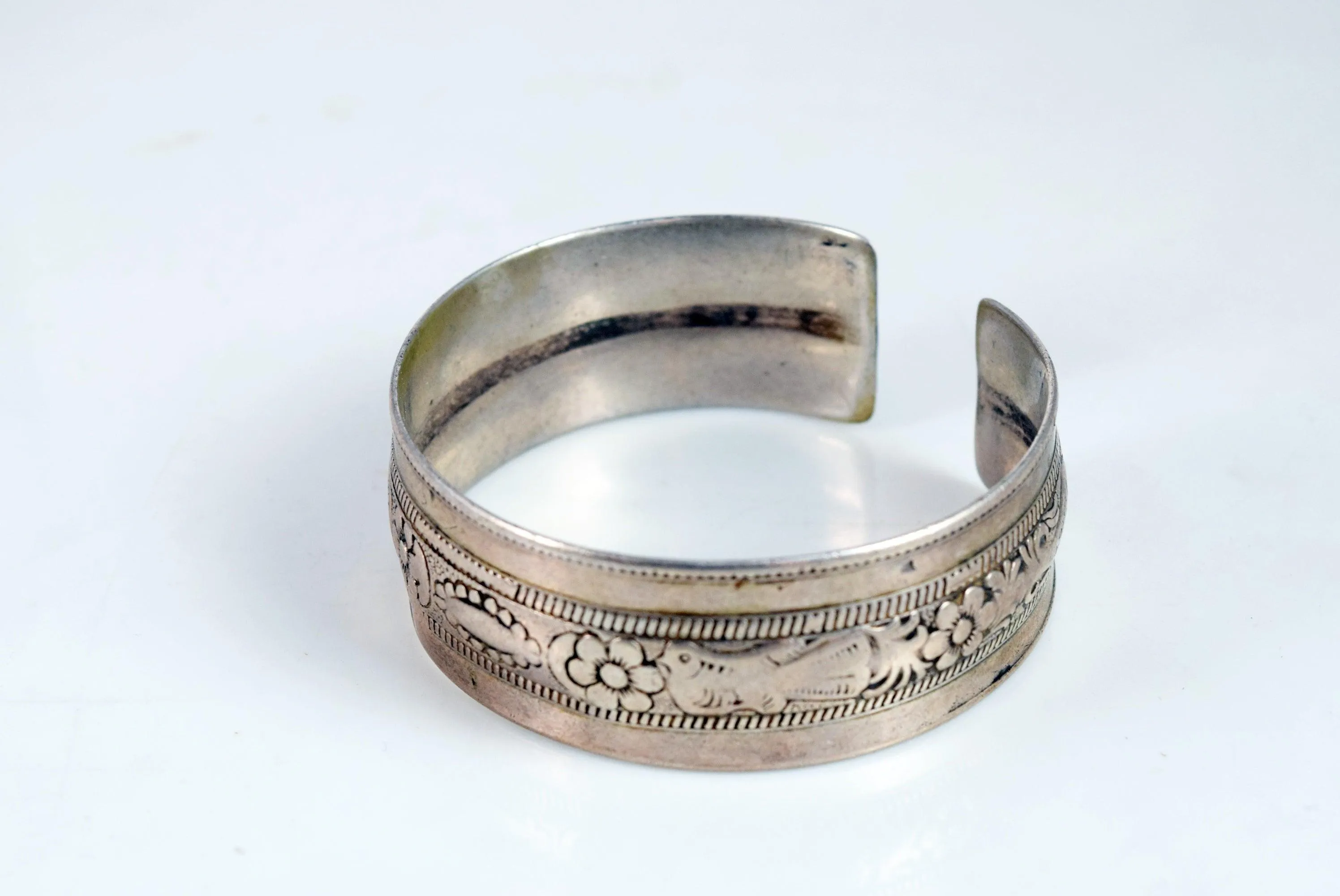 Vintage Berber Silver Cuff Bracelet with Bird and Fish Motif