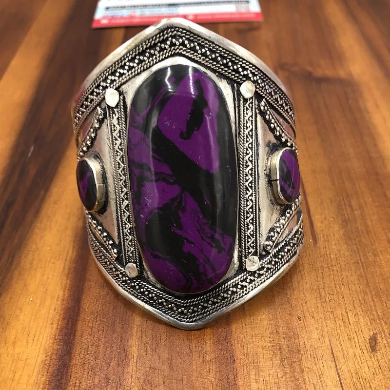 Vintage Bohemian Silver Cuff with Purple Stone