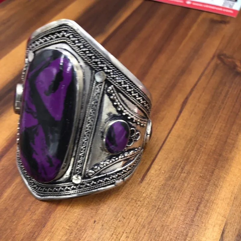 Vintage Bohemian Silver Cuff with Purple Stone