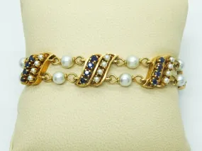 Vintage Honora Designer Natural Pearl & Sapphire Bracelet 14k Gold