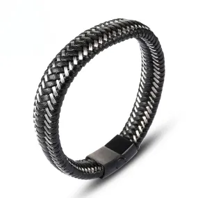 Vintage Leather and Titanium Steel Men's Bracelet - Customizable Stainless Steel Jewelry for Everyday Wear