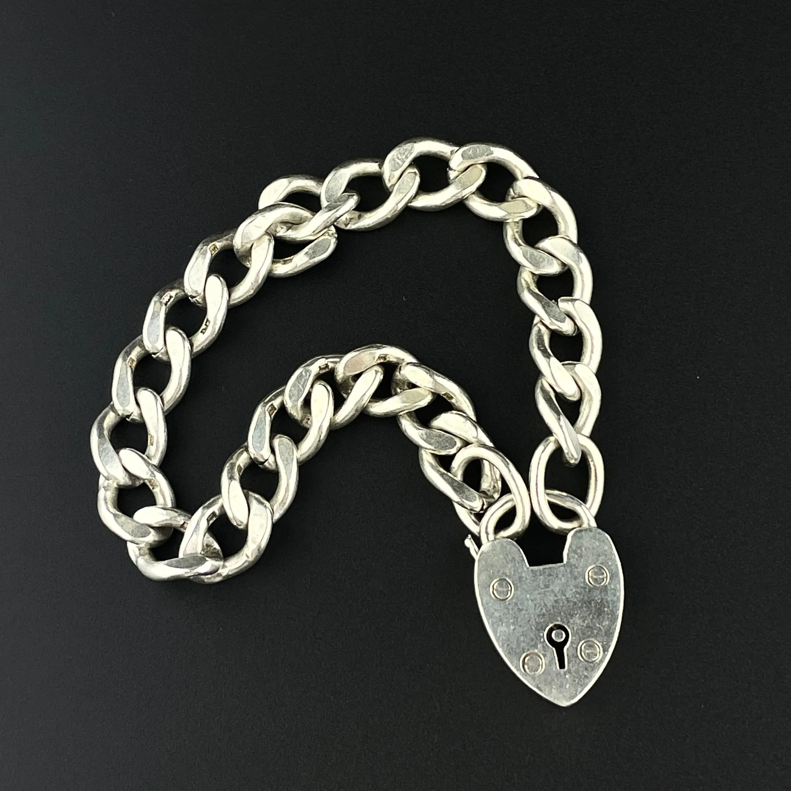 Vintage Silver English Heart Padlock Curb Chain Bracelet