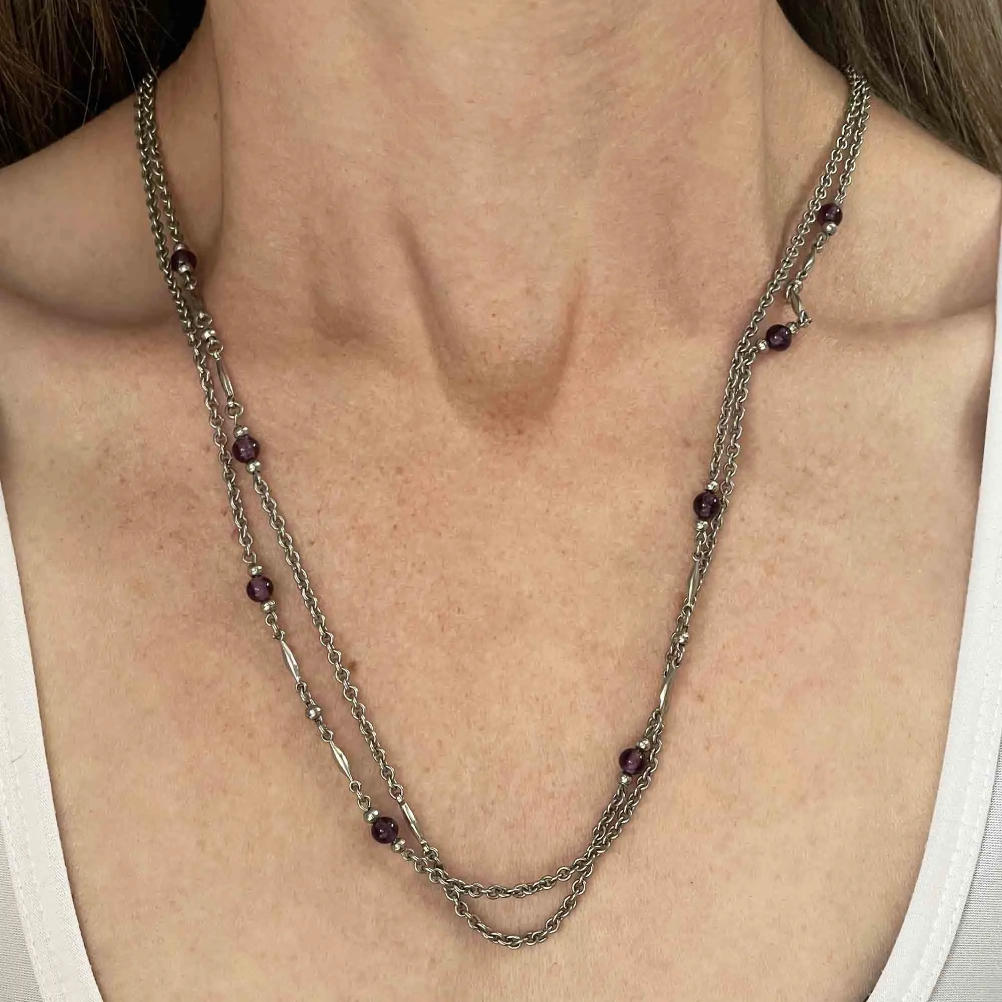 Vintage Silver Garnet Muff Guard Chain Necklace