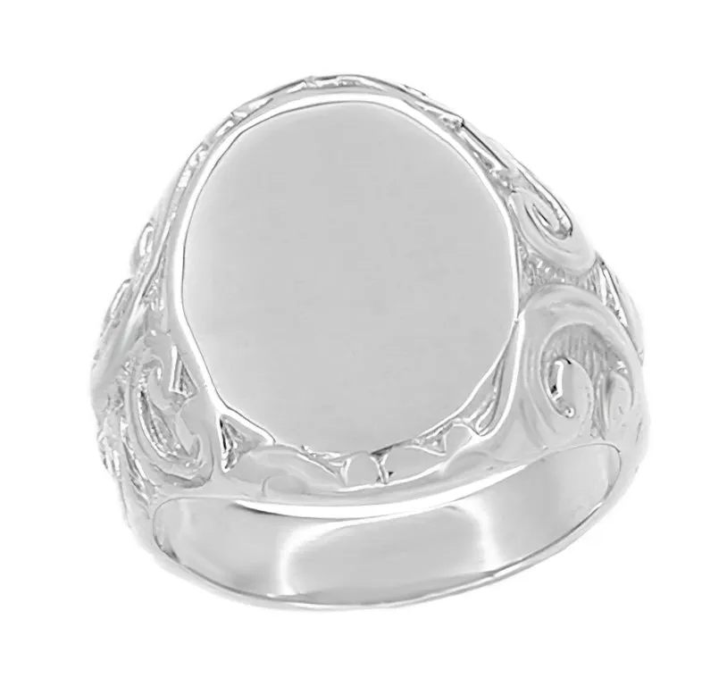 White Gold Vintage Engraved Scrolls Victorian Oval Signet Ring