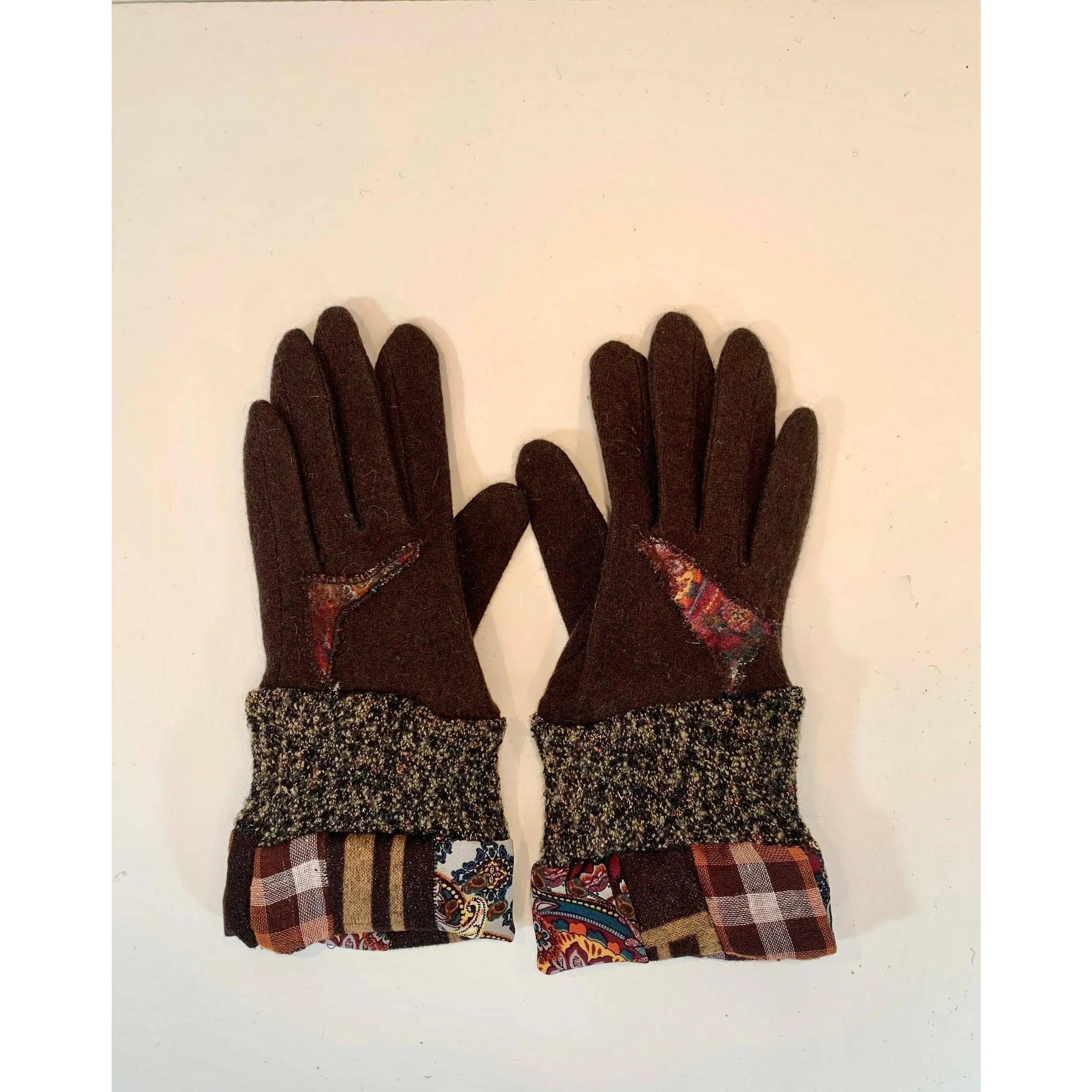 Wonderful brown wool winter gloves with recycled sweater bits, patchwork cuffs n felt details. Toasty gloves stretch to fit. Free Ship USA