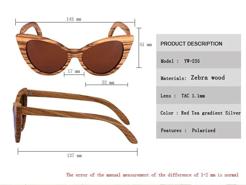 Wood Cat Eye Polarized Sunglasses with UV400 Protection, 41mm Lens Height, and 52mm Lens Width