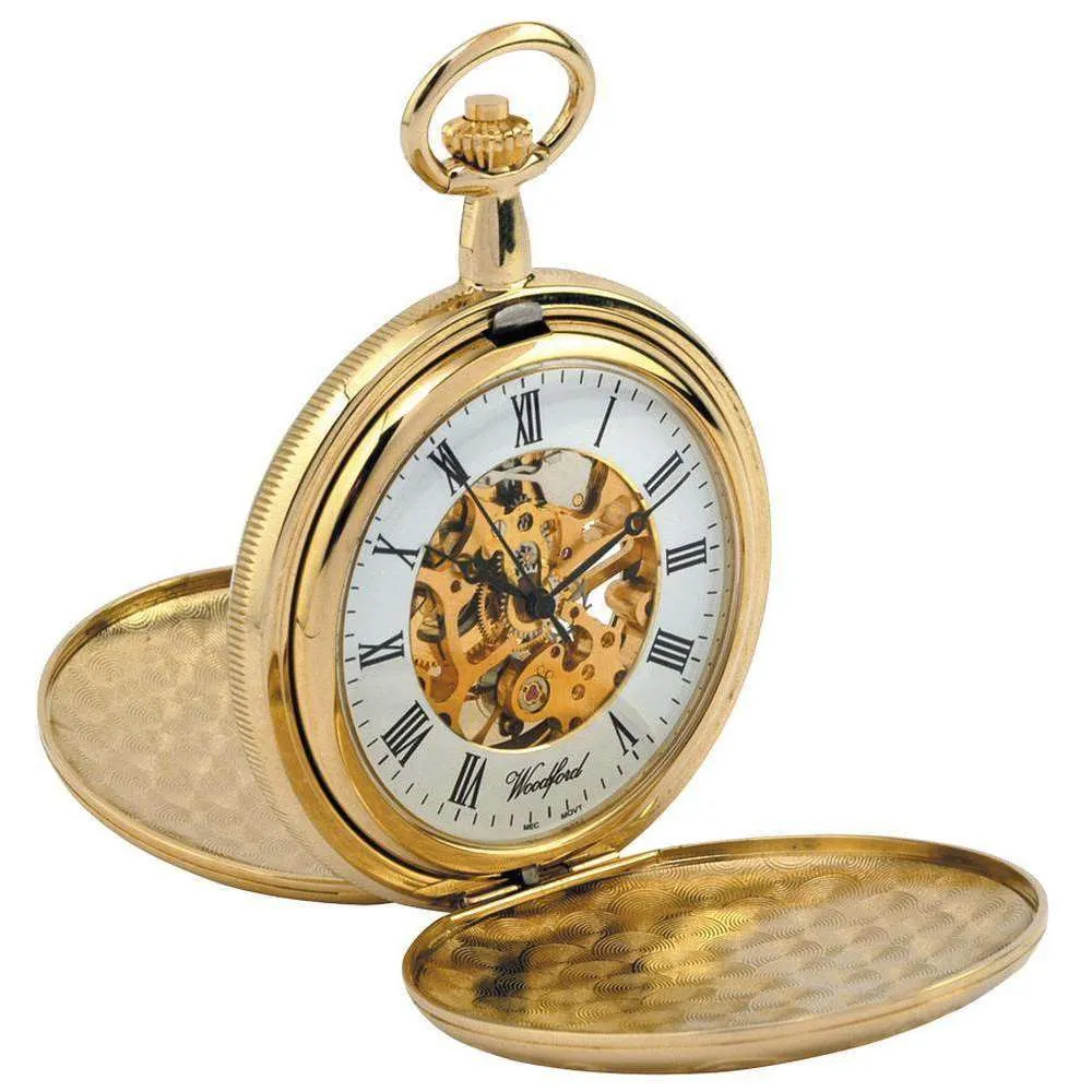 Woodford Gold Plated Double Hunter Skeleton Mechanical Pocket Watch - Gold